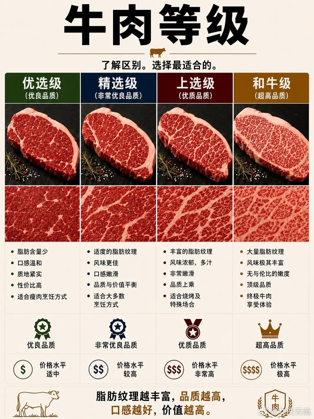 🥩 牛肉分级大揭秘！一张图看懂从 优选级（SELECT）到和牛级（WAGYU 