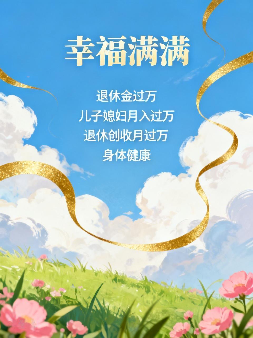 这样的人幸福满满：
一，退休金过万
二儿子媳妇月收入过万
三，退休创收月过万
四
