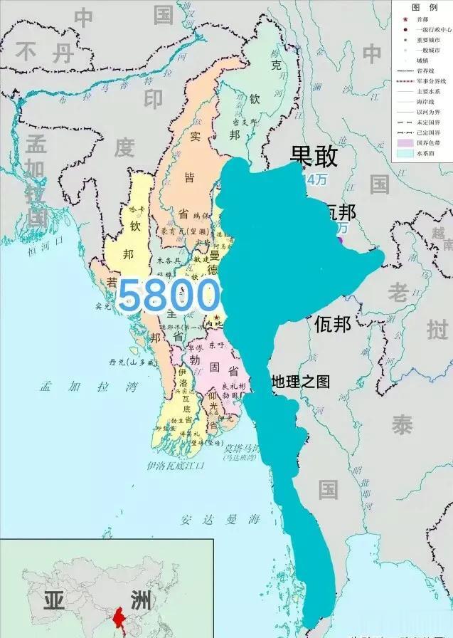 理论上，中国打通印度洋出海口是可行的。
注意，下图蓝色直通印度洋区域，是掸邦（佤
