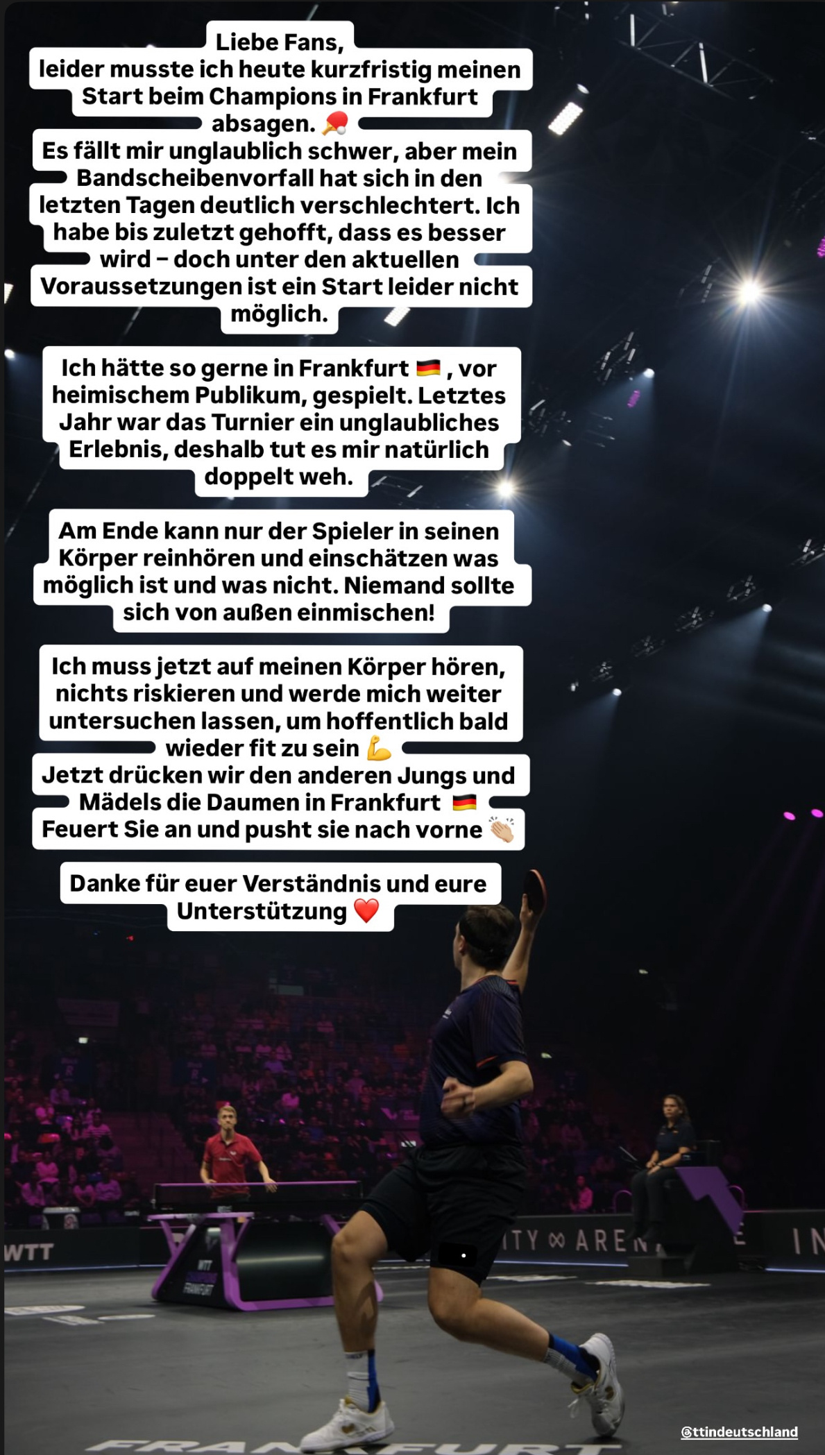 沃尔瑟因腰椎间盘伤病突出恶化不得不退出法兰克福冠军赛亲爱的粉丝们：很遗憾，我今天