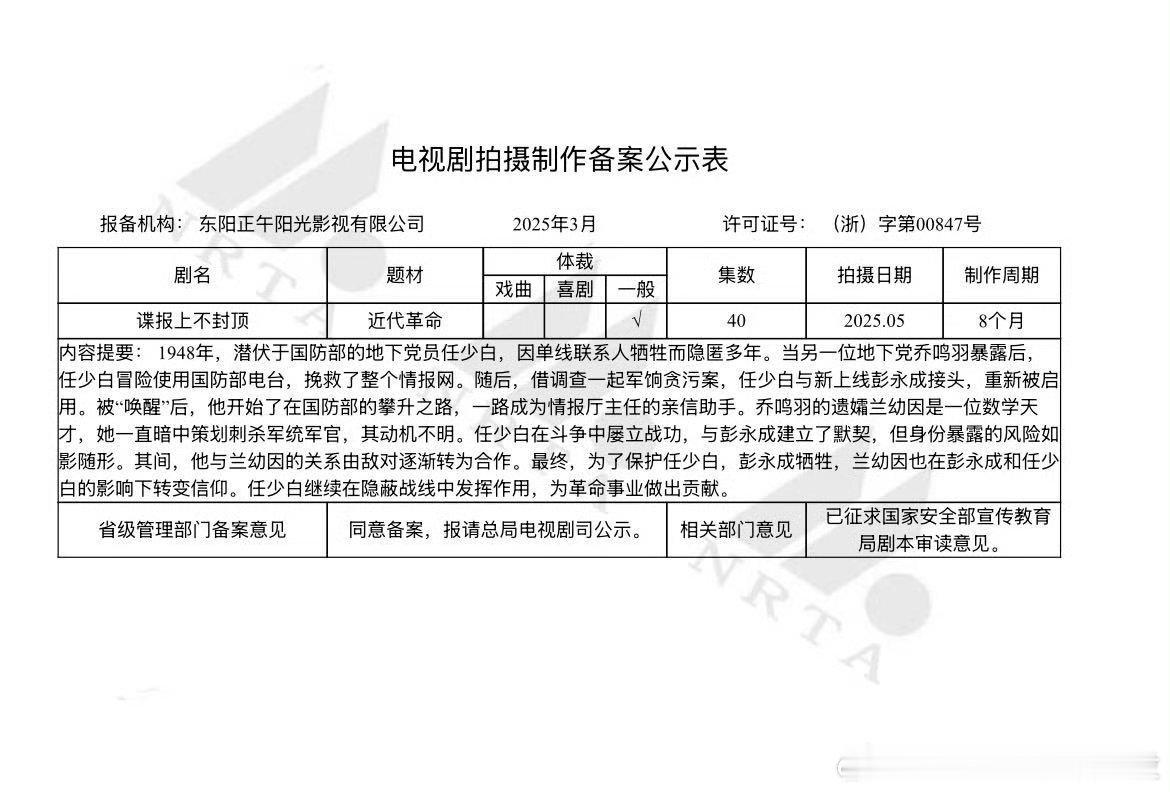 肖战主演的正午《谍报上不封顶》备案已出，集数40基，拍摄日期5月 ​​​
