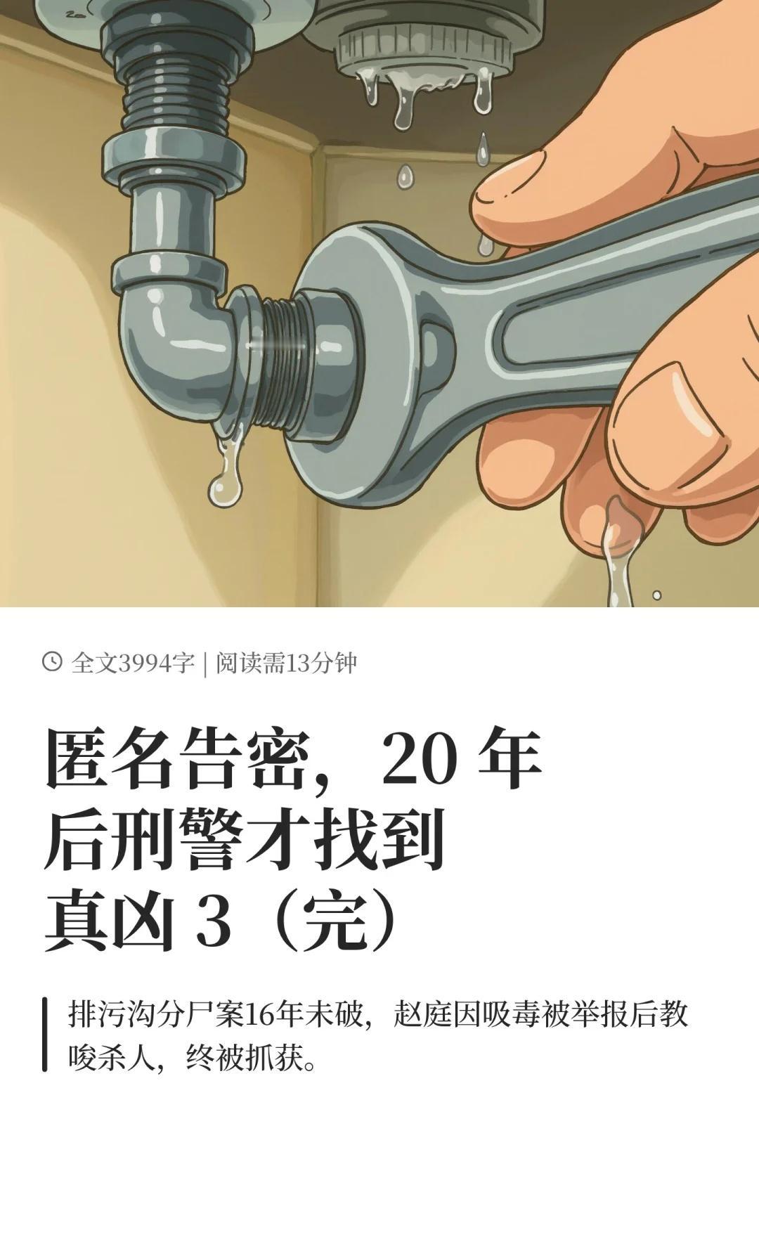 匿名告密，20 年后刑警才找到真凶 3
排污沟分尸案16年未破，赵庭因吸毒被举报