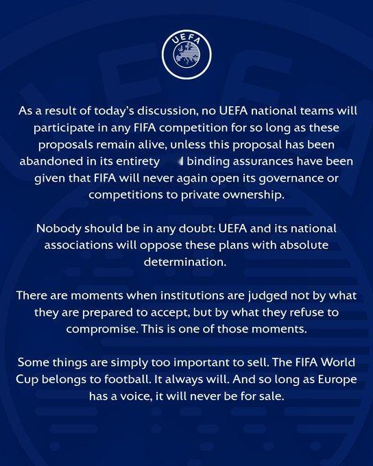 🚨欧足联官方声明：欧足联（UEFA）及其55个成员协会明确反对，国际足联（FI