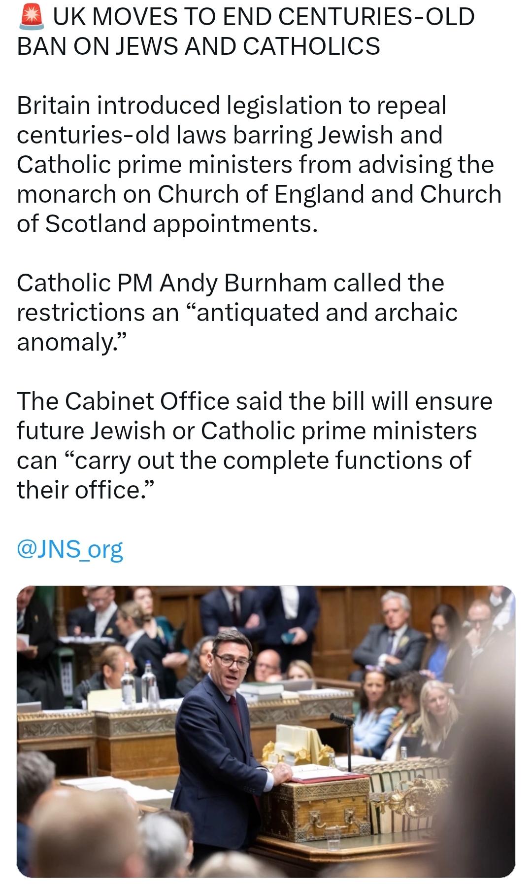 英国决定废除禁止犹太人和天主教徒的数百年禁令
英国引入立法，废除已有数百年历史的
