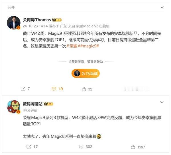 【荣耀Magic9系列今年安卓旗舰激活TOP1】关海涛称荣耀史上首次取得这一成绩