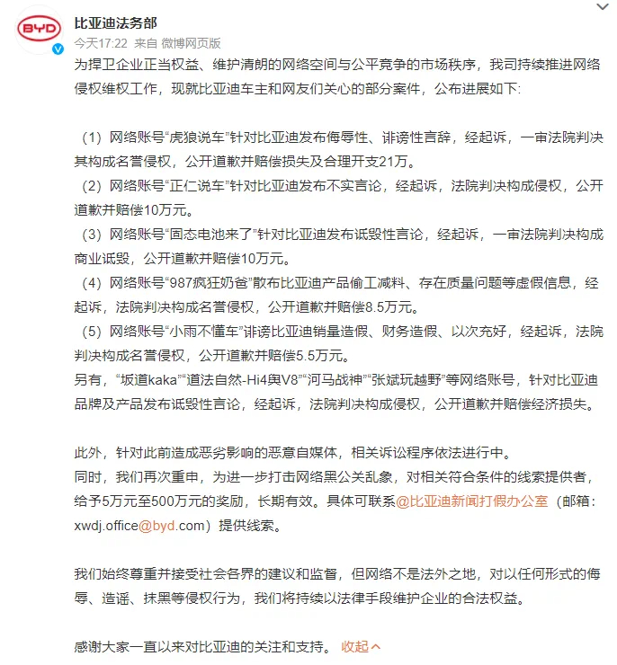 比亚迪法务再次通报多账号被处理 四年了，在所有车企中应该算是最忙碌的吧，每个季度