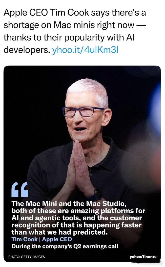 苹果公司CEO：Mac Mini和Mac Studio非常适合开发AI用途，很多