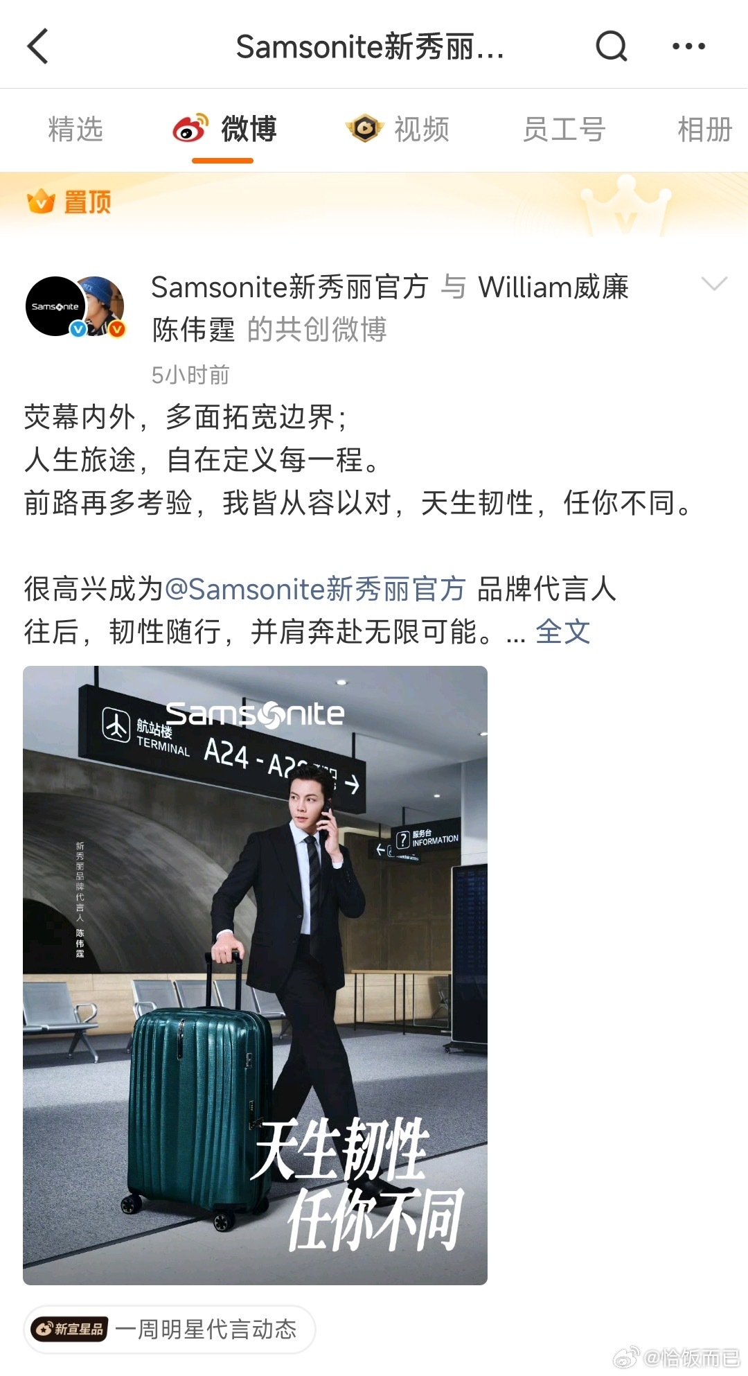新秀丽官宣新的品牌代言人陈伟霆！形象和品牌好贴啊！伟霆哥下次可以演机长 新秀丽品
