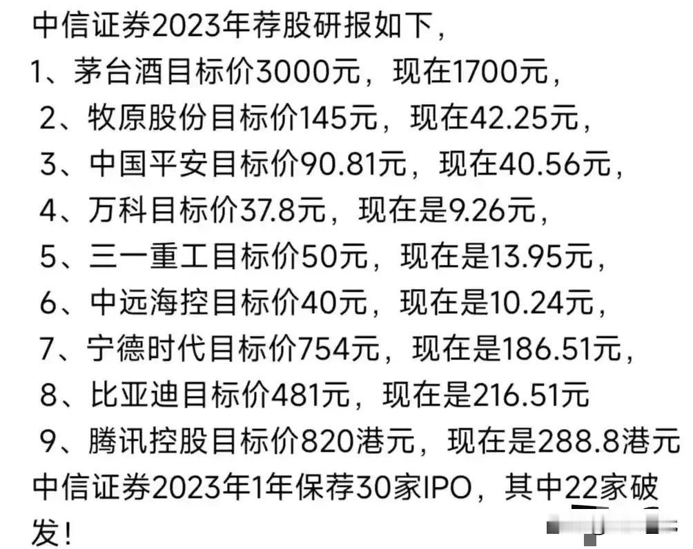 中信证券太吓人了！

2023年中信证券曾经给出各大龙头公司研报目标价，看了让人