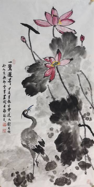 中国美术家协会会员刘文顺老师创作的国画《一鹭莲升》，以粉荷盛放、白鹭昂首的生动构