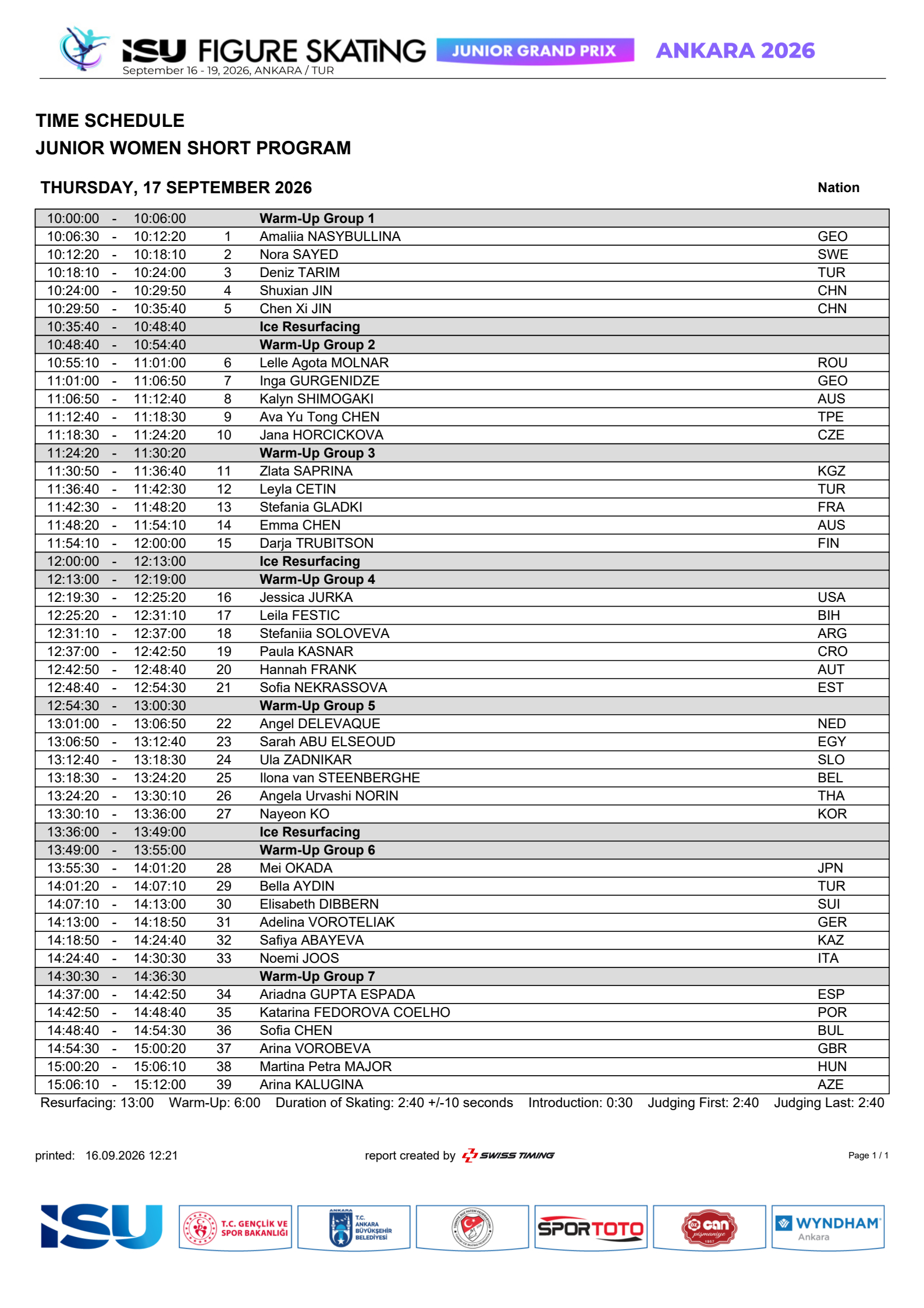2026jgp土耳其站 土耳其站中国队出场时间女单：金书贤：15:24-15:2