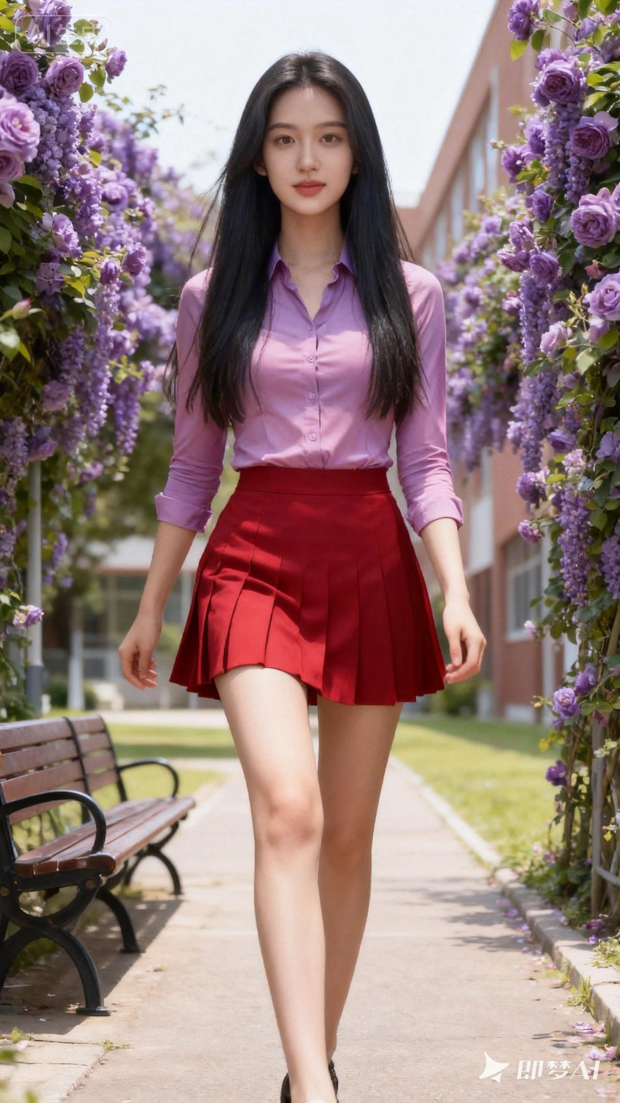 青春洋溢的校园风穿搭，紫色花丛中的少女，甜美动人！🌸💕