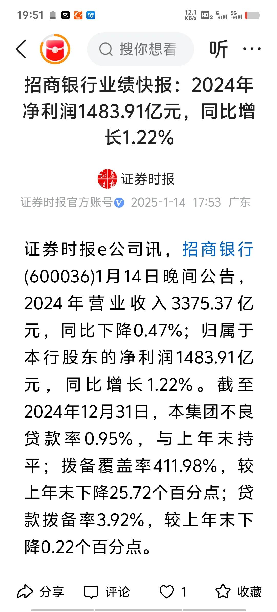 招商银行业绩快报：2024年净利润1483.91亿元，同比增长1.22%。中信银