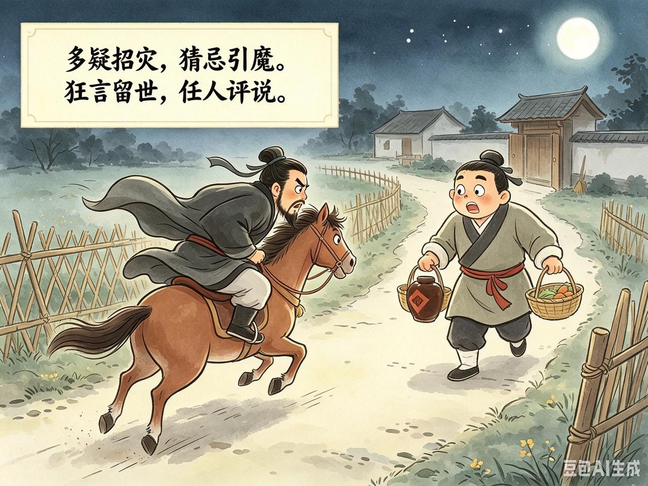 小故事
多疑酿大错

前说曹操，
欲刺董卓，
没有刺成，
害怕被捉，
骑马逃窜，