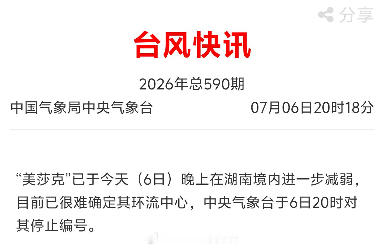 【台风美莎克 停止编号】中央气象台消息：“美莎克”已于今天（6日）晚上在湖南境内