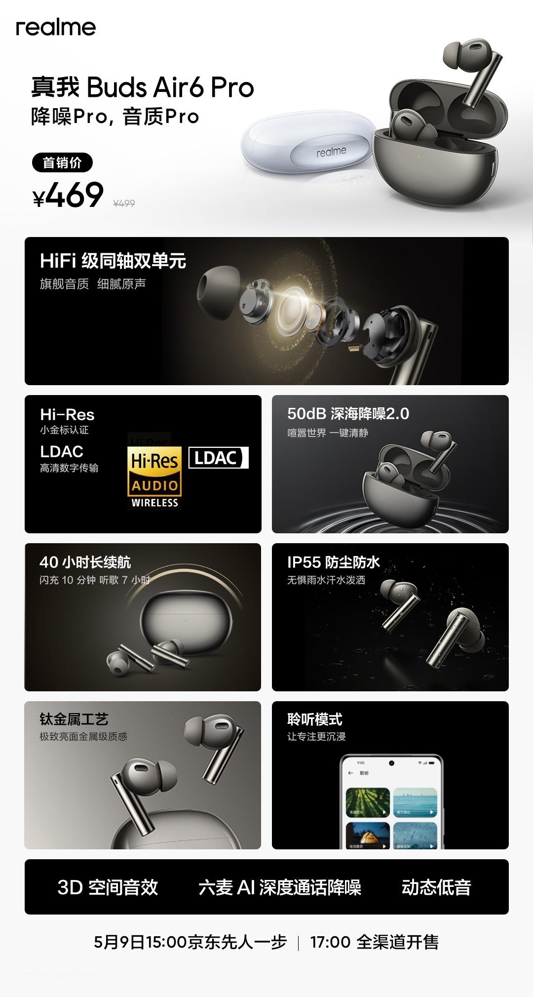 真我两款TWS耳机新品发布真我Buds Air6 Pro，50dB深海降噪2.0