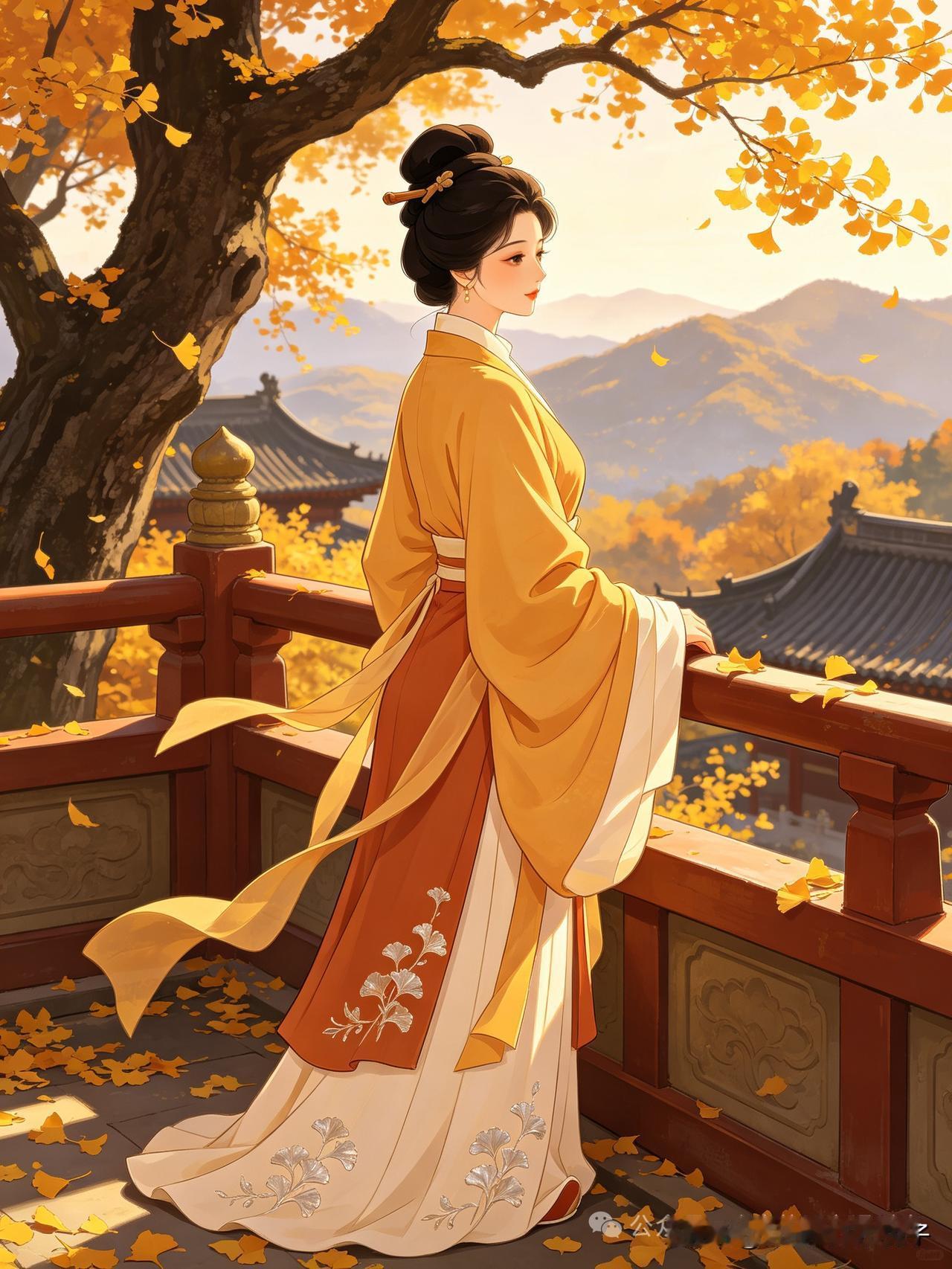千年古杏绽金黄，
飞阁流丹映夕阳。
谁立雕栏凝望久，
      
…………请师