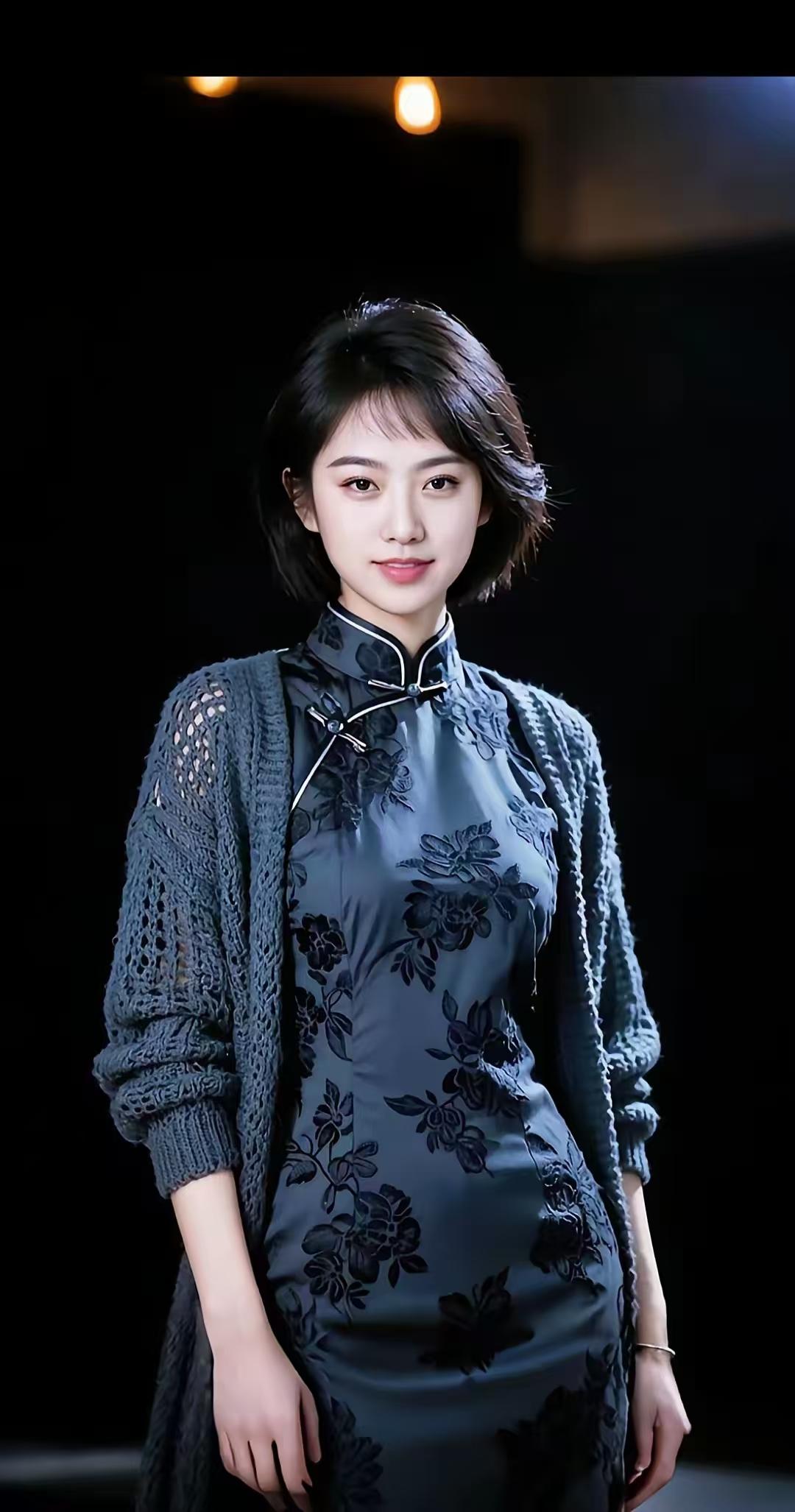 清江引·青绮疏影
青襟绣芳寒韵绕，
素缕风姿妙。
短发露凝娇，
明眸光含笑。
暗