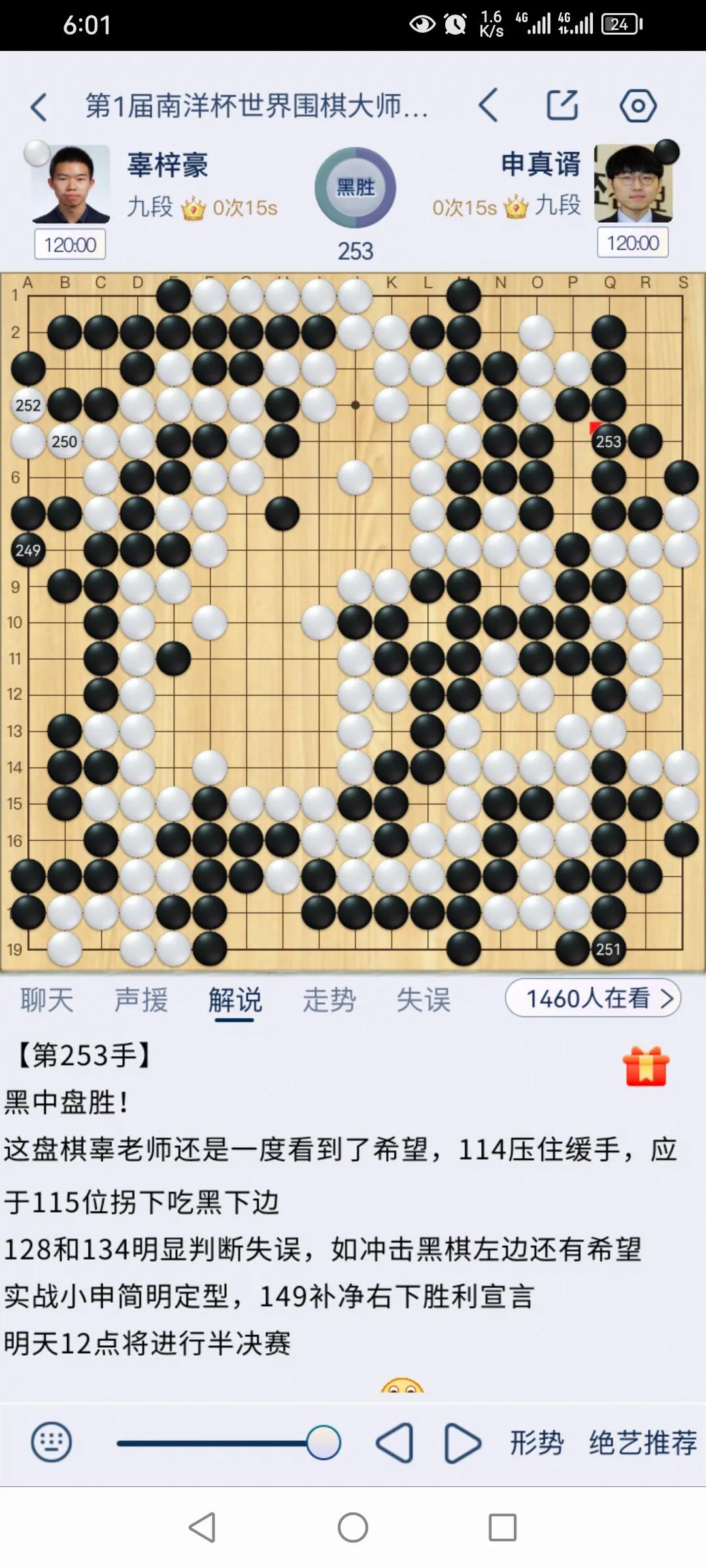 首届南洋杯世界围棋大师赛八强对决，焦点战申真谞胜辜梓豪，党毅飞胜卞相壹。
申真谞