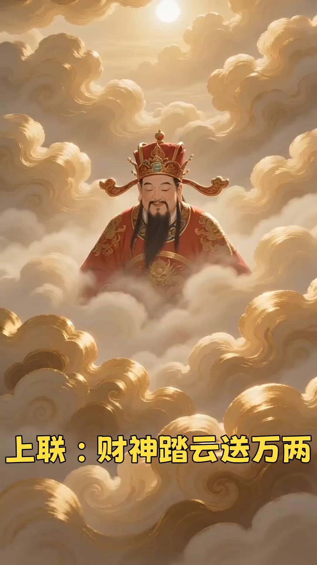 上联：财神踏云送万两。下联：福运临门纳千金。横批：财源广进，全年财运滚滚来。