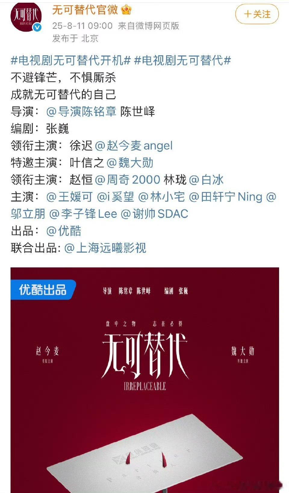 赵今麦、魏大勋电视剧《无可替代》开机海报 ​​​