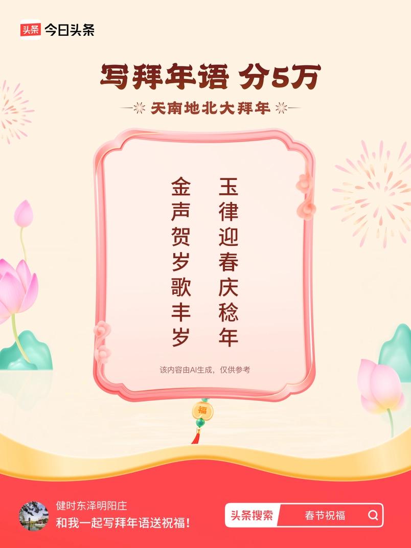 写拜年语送祝福新春拜年送祝福！我的祝福是：“金声贺岁歌丰岁，玉律迎春庆稔年”！快