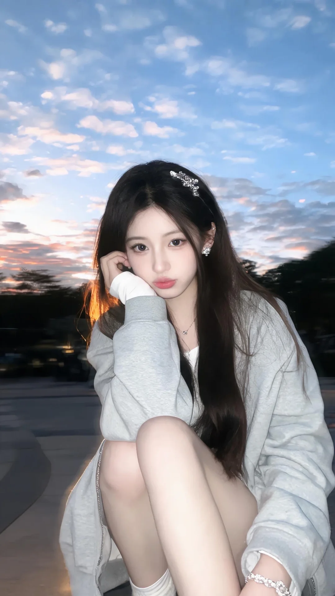 苹果手机5s拍摄风格，画面主体是一个漂亮白皙很瘦少女，长发精致发型，戴...
