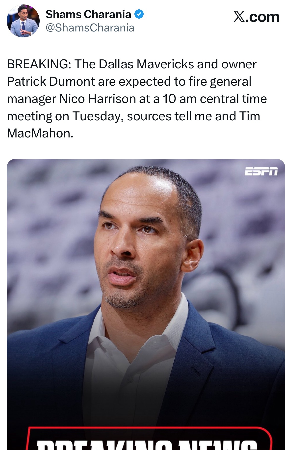 Shams：解雇！再见尼克-哈里森独行侠队及其老板帕特里克-杜蒙特预计将在周二中