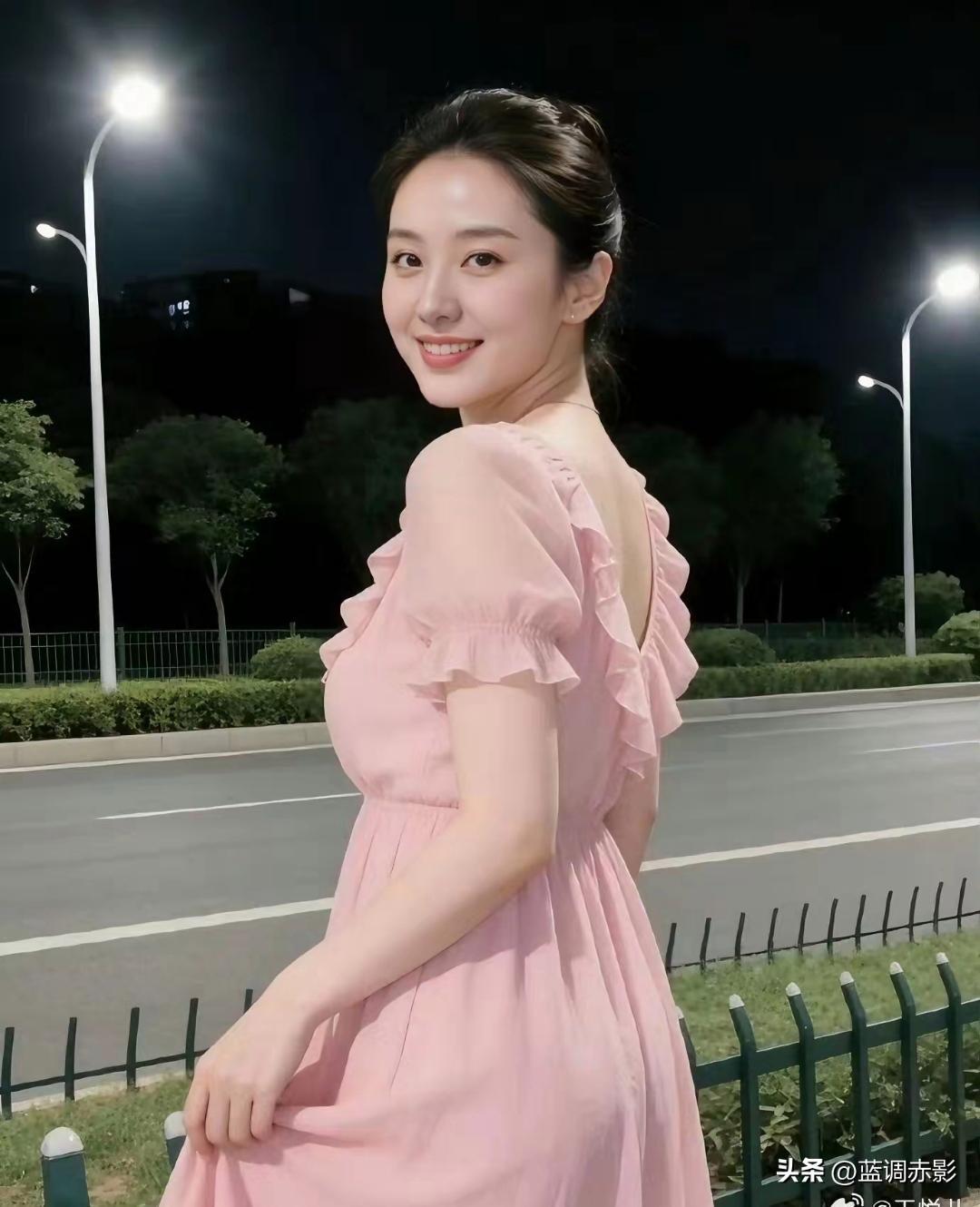 夜晚街头的温柔微笑，粉色裙摆随风飘扬。