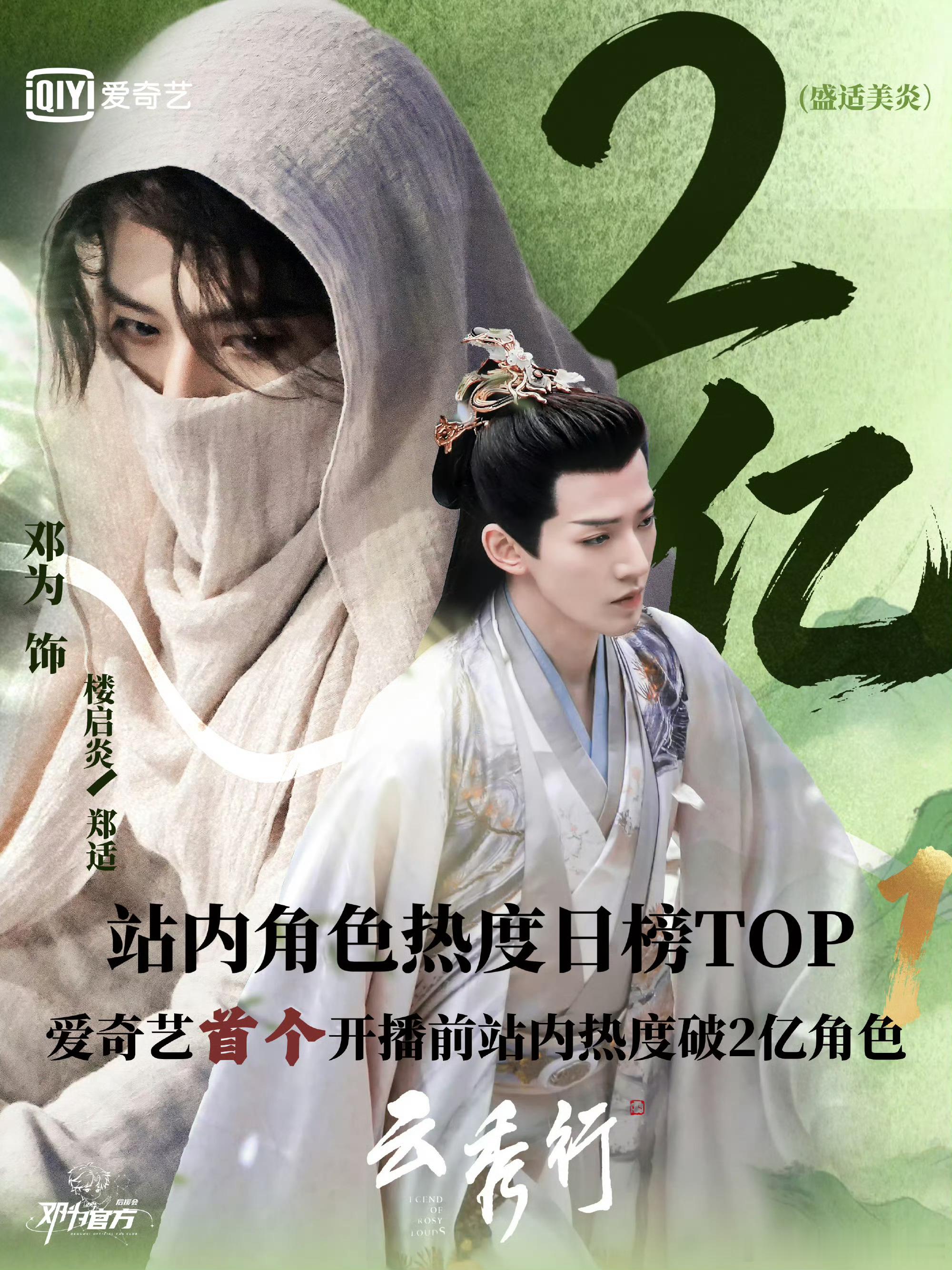 我的天，邓为在《云秀行》中饰演的郑适/楼启炎成为了爱奇艺首个开播前破2亿的角色这