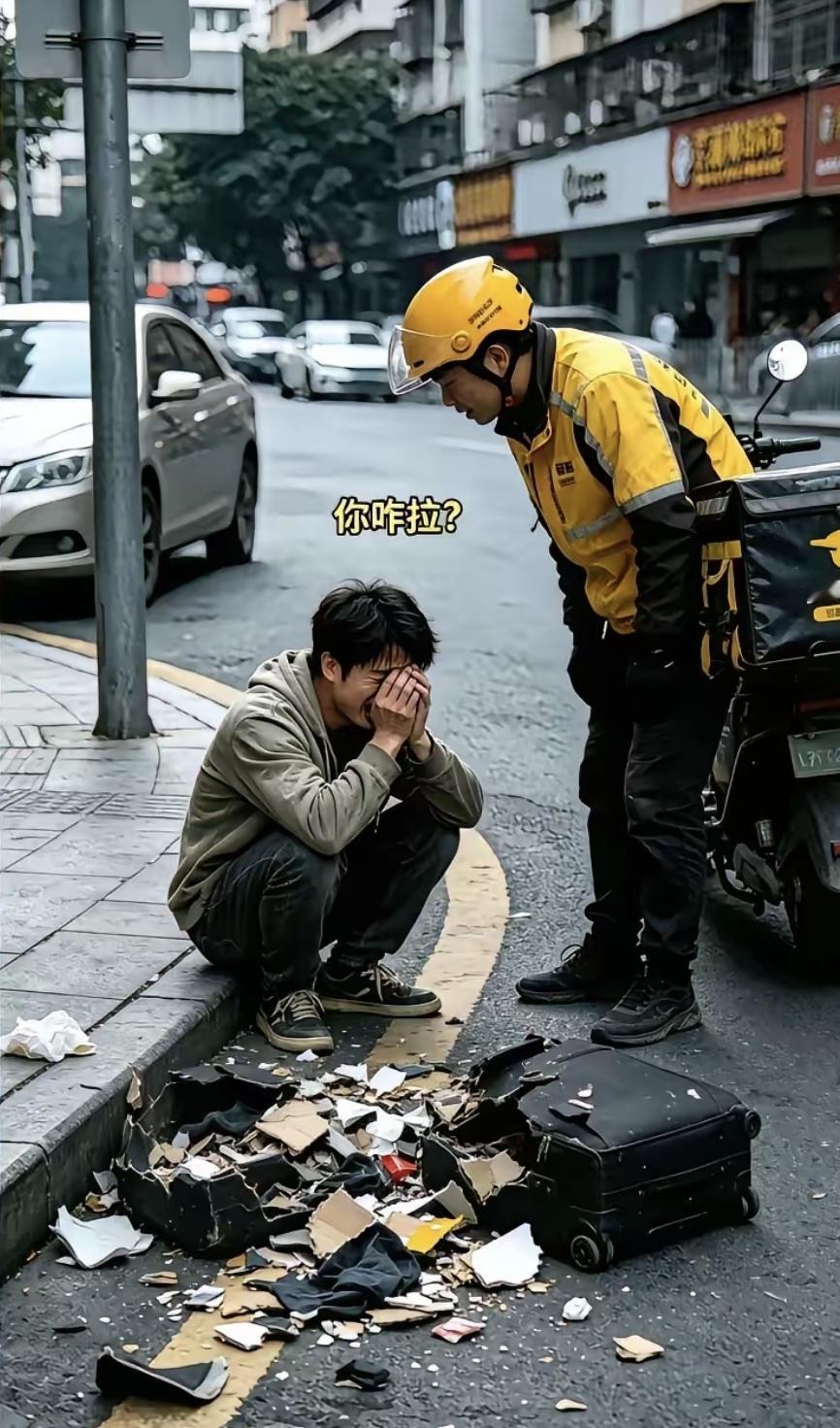 龙岗街头车流不息，外卖小哥突然刹停，行李箱碎了他蹲在路边哭。
他叫周旺，22岁，
