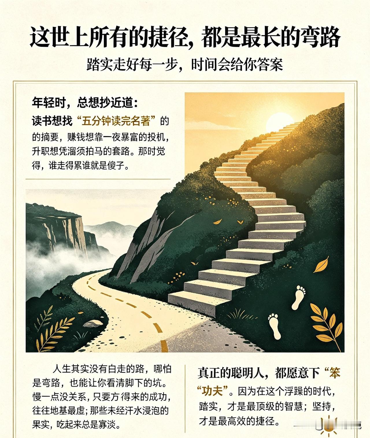年轻时，总想抄近道：读书想找“五分钟读完名著”的摘要，赚钱想靠一夜暴富的投机，升