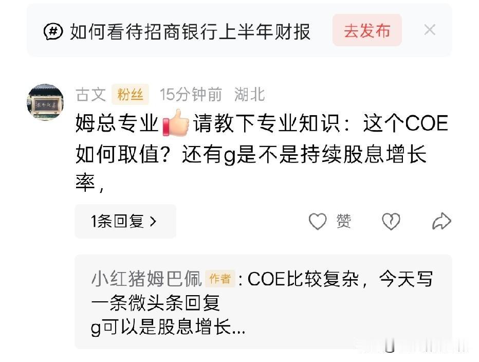 有朋友就我对招商银行半年报分析估值报告中提到的COE提出问题，我觉得可以专门写一
