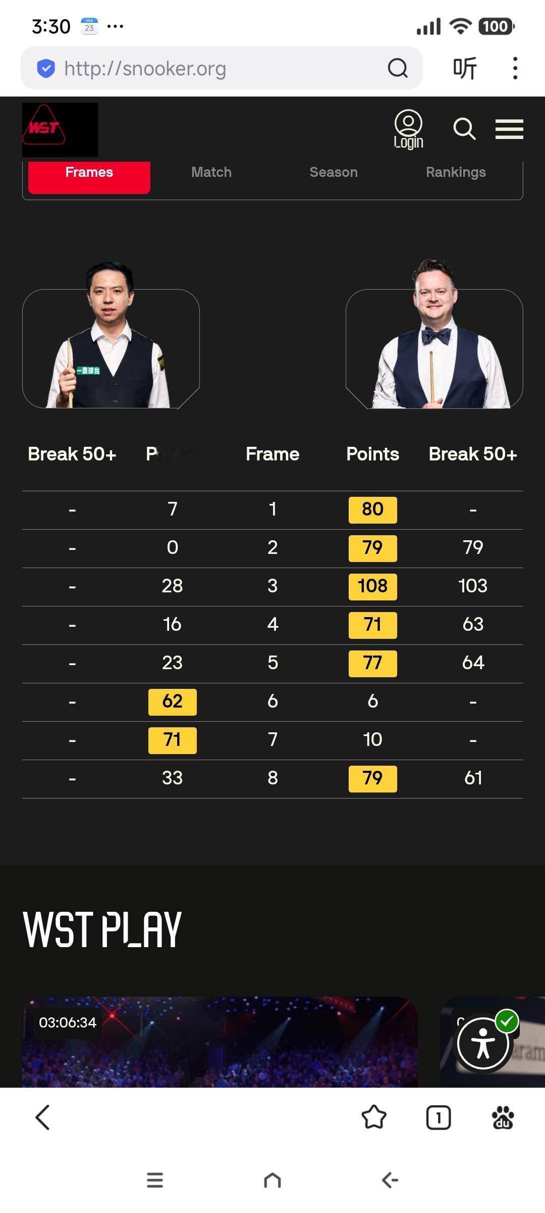 两场1/8决赛都是5-0开局!
4月23日，斯诺克世锦赛1/8决赛揭幕战在肖国栋