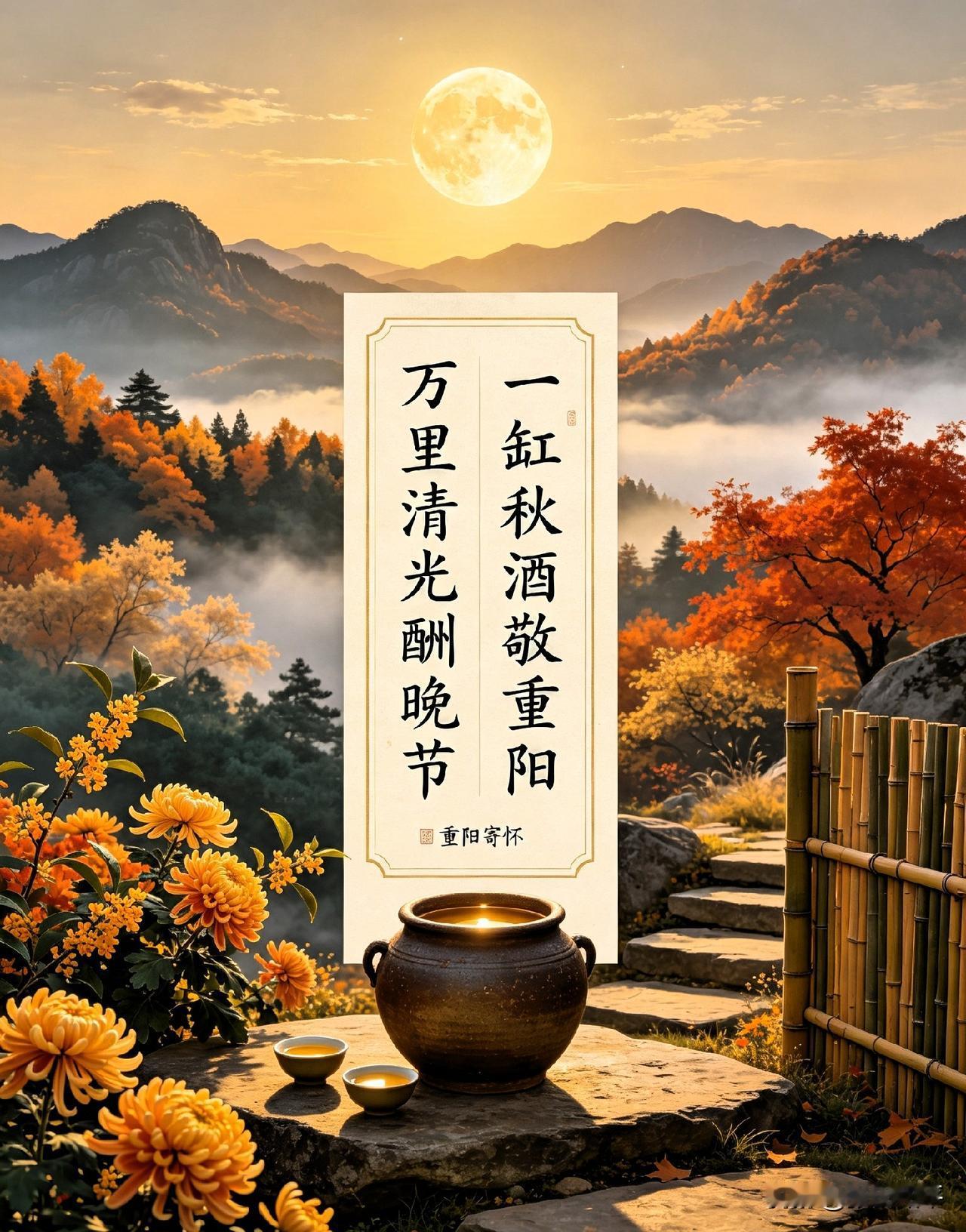 万里清光酬晚节，
一缸秋酒敬重阳。
 
简析：
“万里”对“一缸”，阔大与幽微相