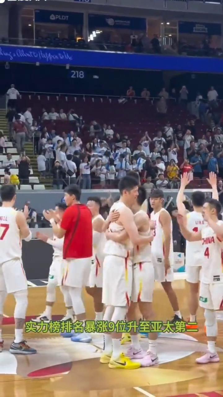 中国男篮亚太区排名暴涨9个位次。
中国男篮一扫颓势，实力榜排名暴涨9位升至亚太第