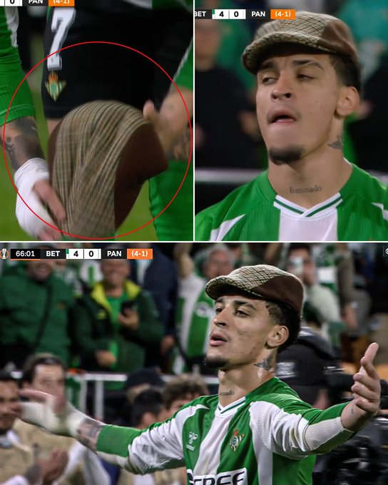 安东尼在为贝蒂斯攻入对阵帕纳辛奈科斯的第四粒进球后，拿起一顶帽子庆祝。🤣这位巴