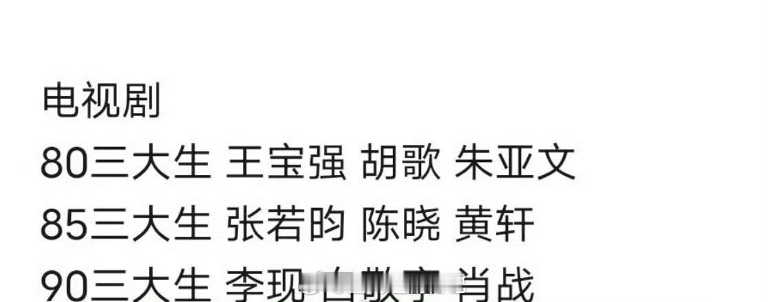 内娱剧圈三大生盘点来了，大家认同吗？80：王宝强、胡歌、朱亚文85：张若昀、陈晓