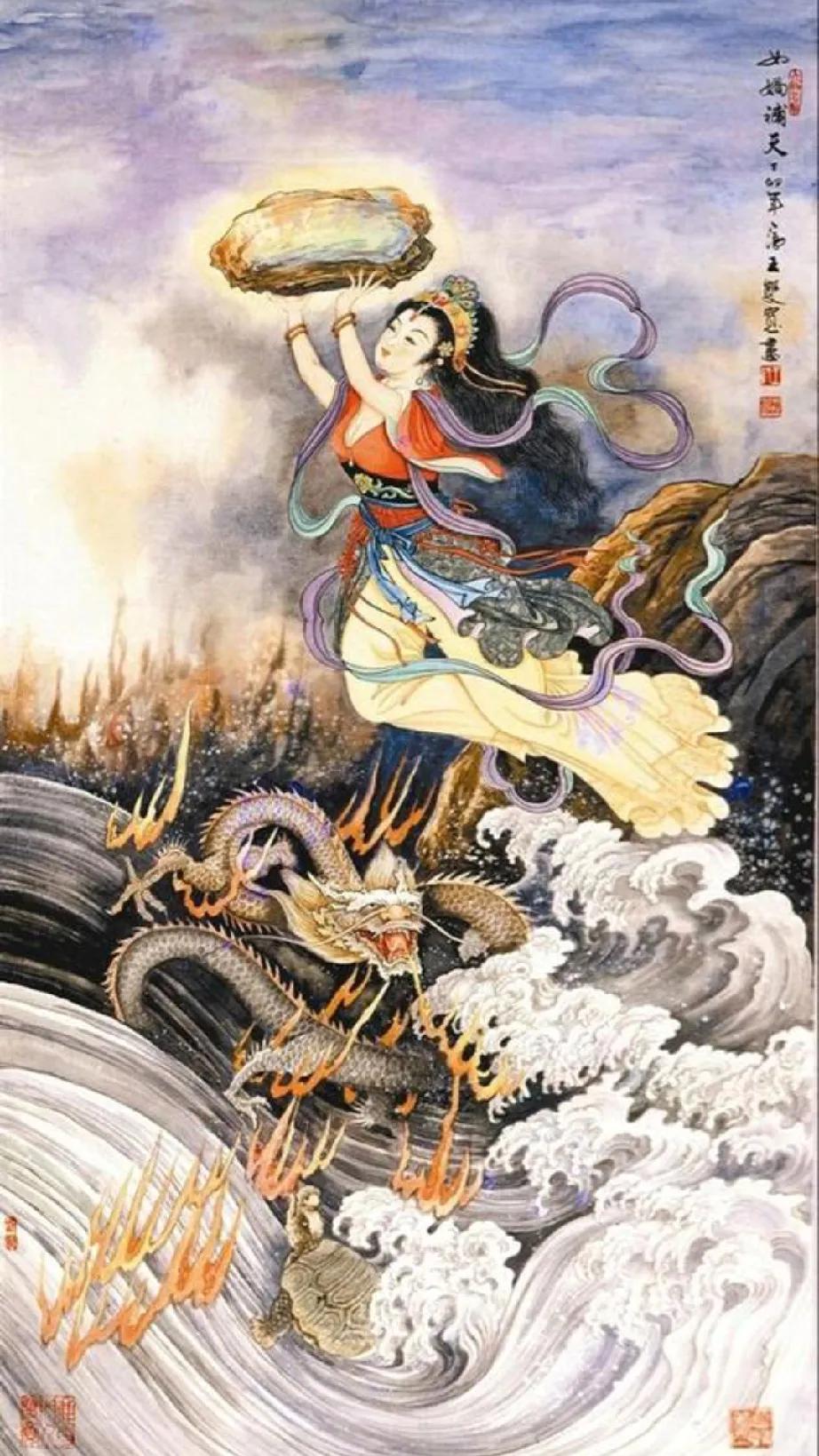 《女娲补天》
原创
混沌初开祸乱生，
苍穹裂处鬼神惊。
女娲炼石补天阙，
万古仁
