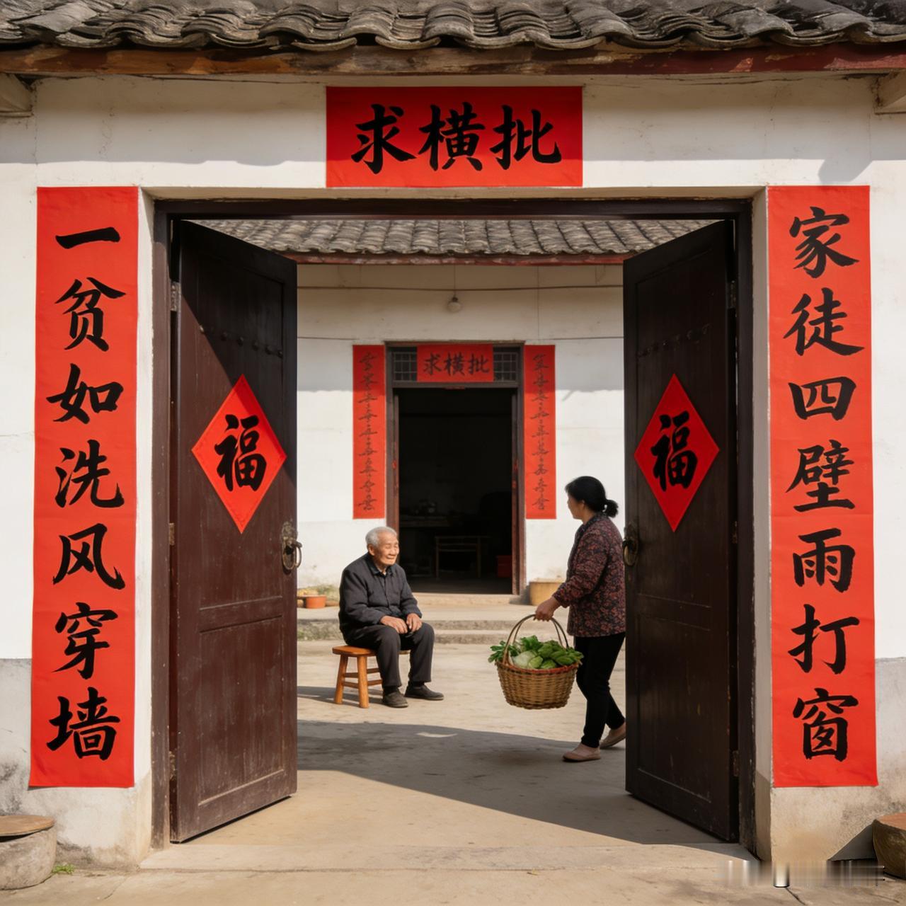 上联：一贫如洗风穿墙
下联：家徒四壁雨打窗

这副对联把贫寒写得入木三分——“一