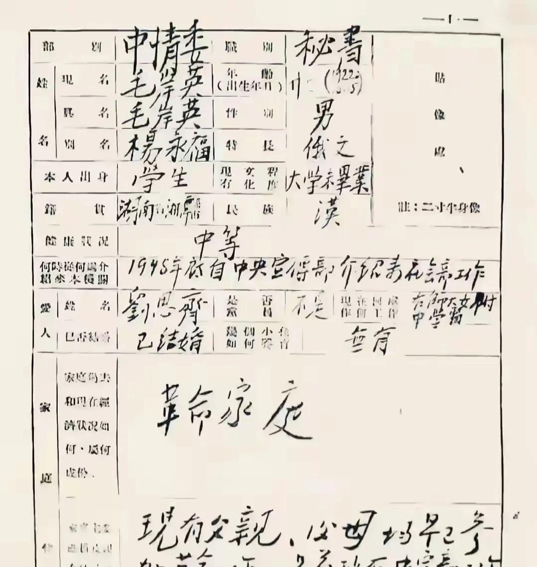 毛岸英真实笔迹

这是1950年10月，毛岸英所填写的个人档案表。毛岸英没有系统