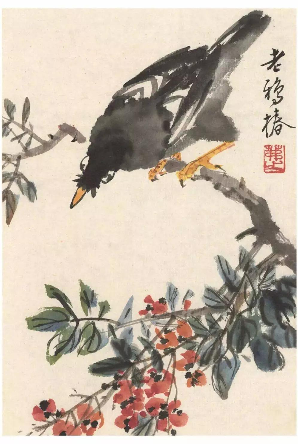 作者加速成长计划这幅国画作品把一只乌鸦好奇的眼神给整活了，太生动了。只见一只乌鸦