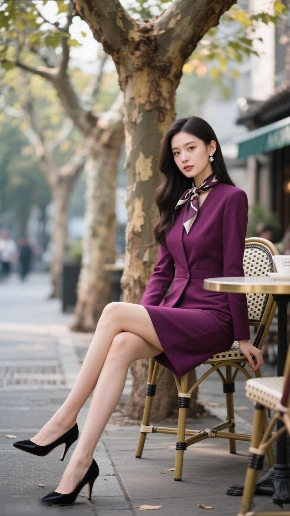 都市雅致风，紫色西装裙，咖啡馆的时尚一瞥。