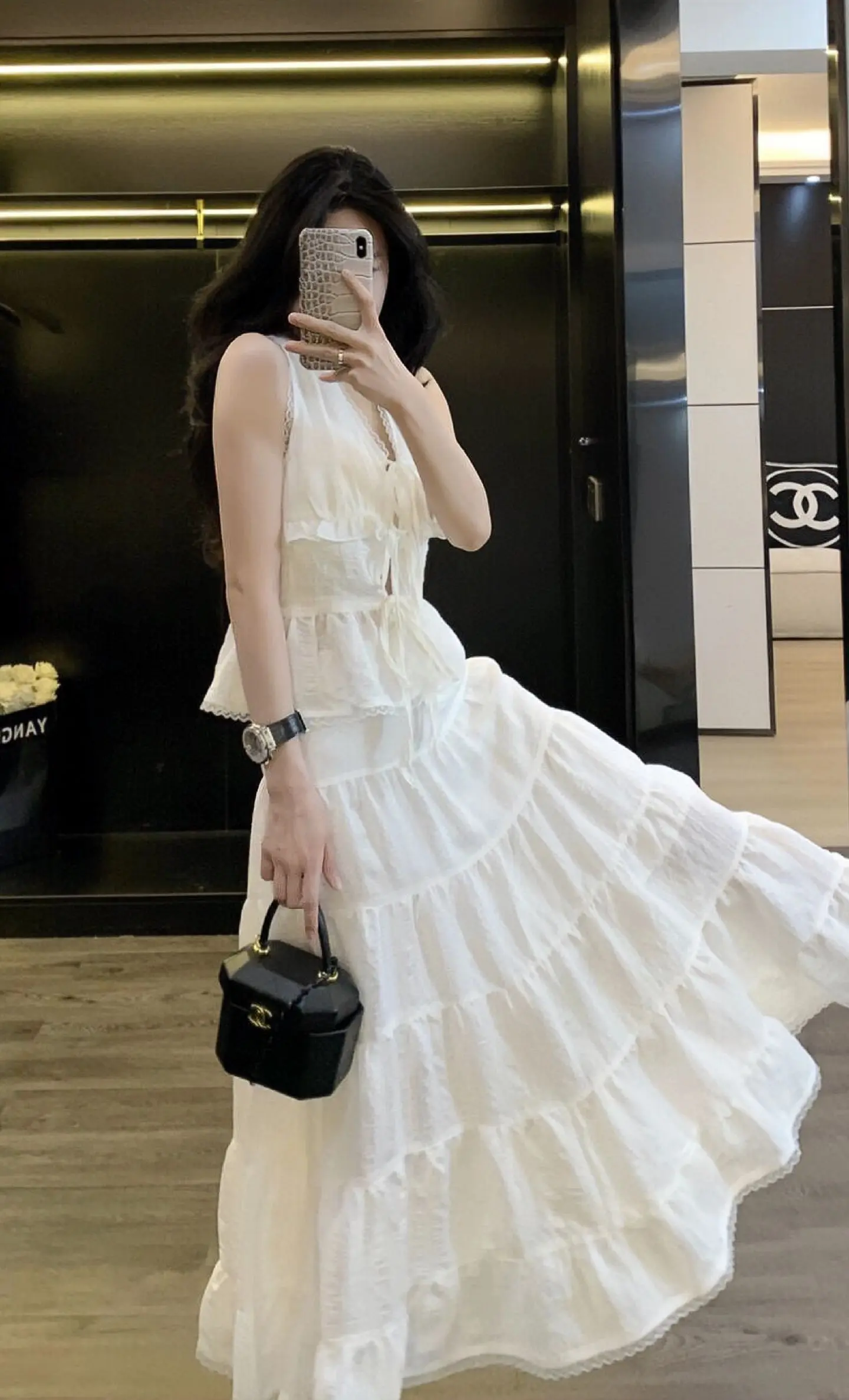韩版无袖蕾丝花边绑带上衣搭配半身长裙~温柔气质且清爽干净~妥妥的白月光既视感拉满