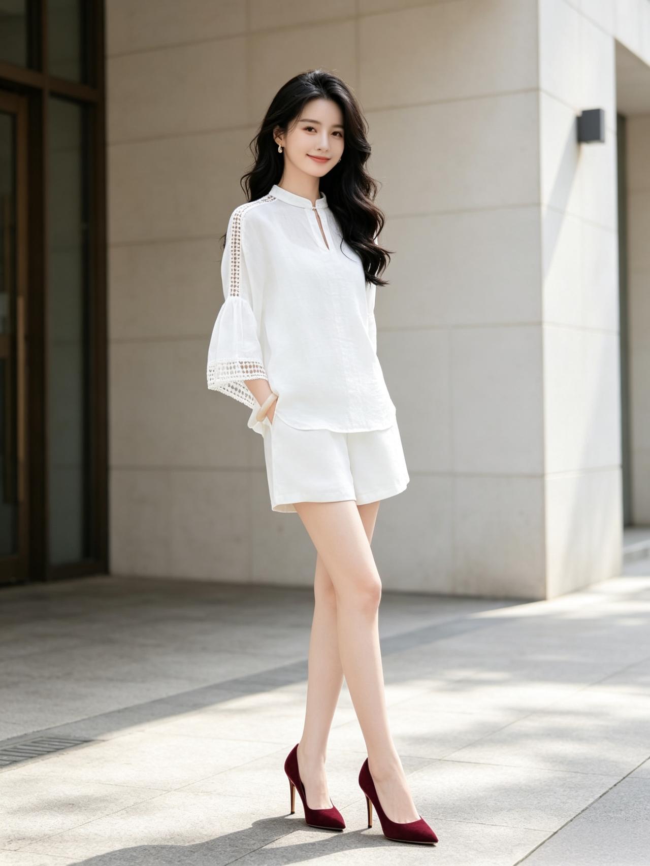 女生如何穿搭看起来时尚更有品味呢白色时尚宽松短袖上衣，配白色宽松短裤，气质女生的