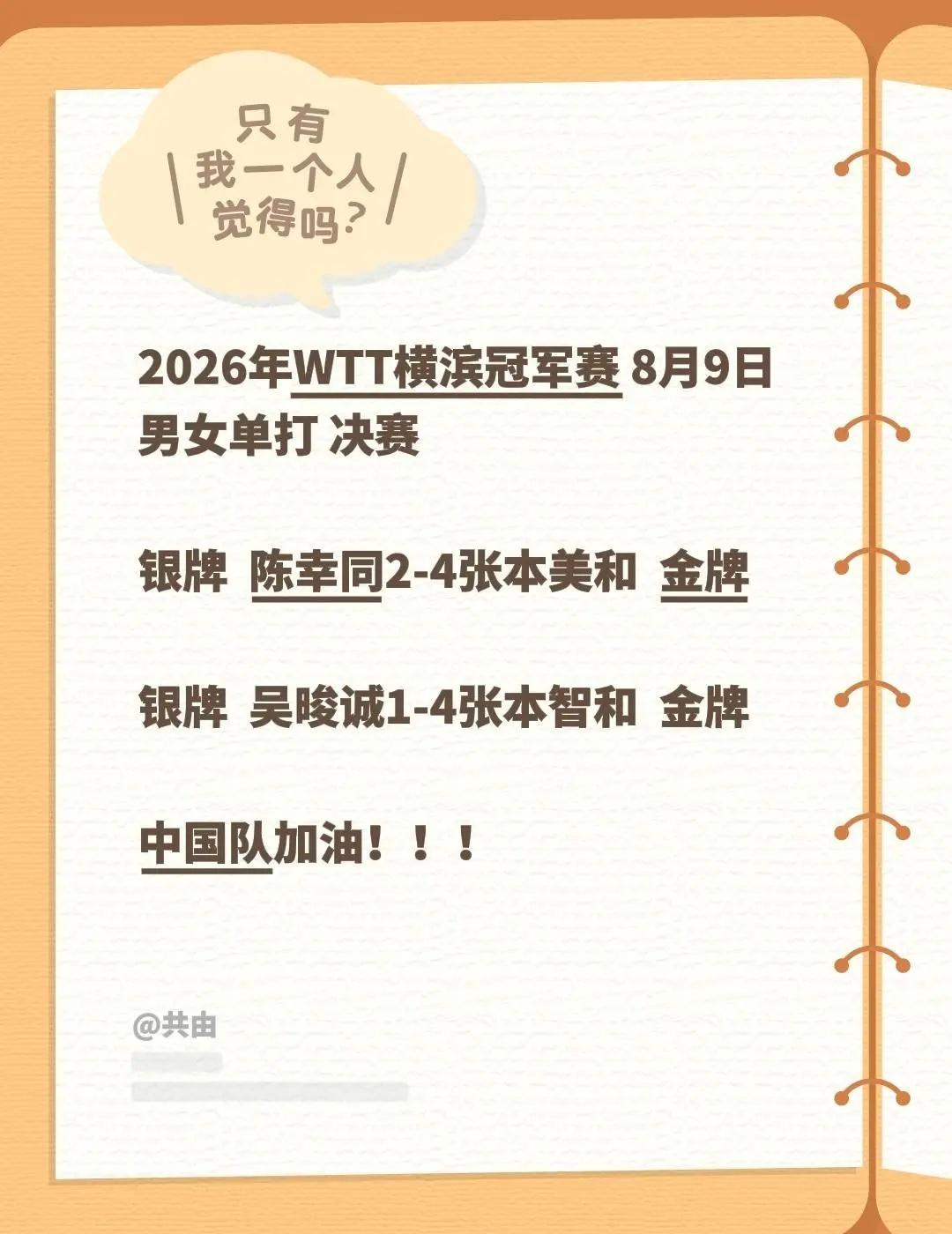 2026年WTT横滨冠军赛 8月9日男女单打 决赛银牌 陈幸同2-4张本美和 金