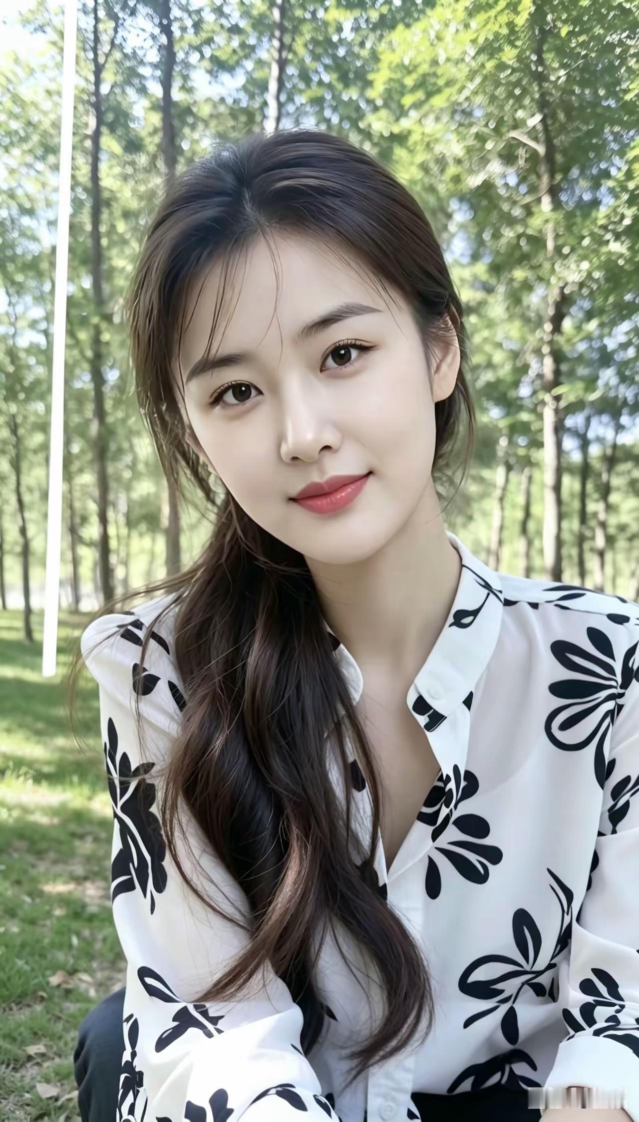 森林中的甜美少女，白色衬衫上的黑色花朵，自然清新。