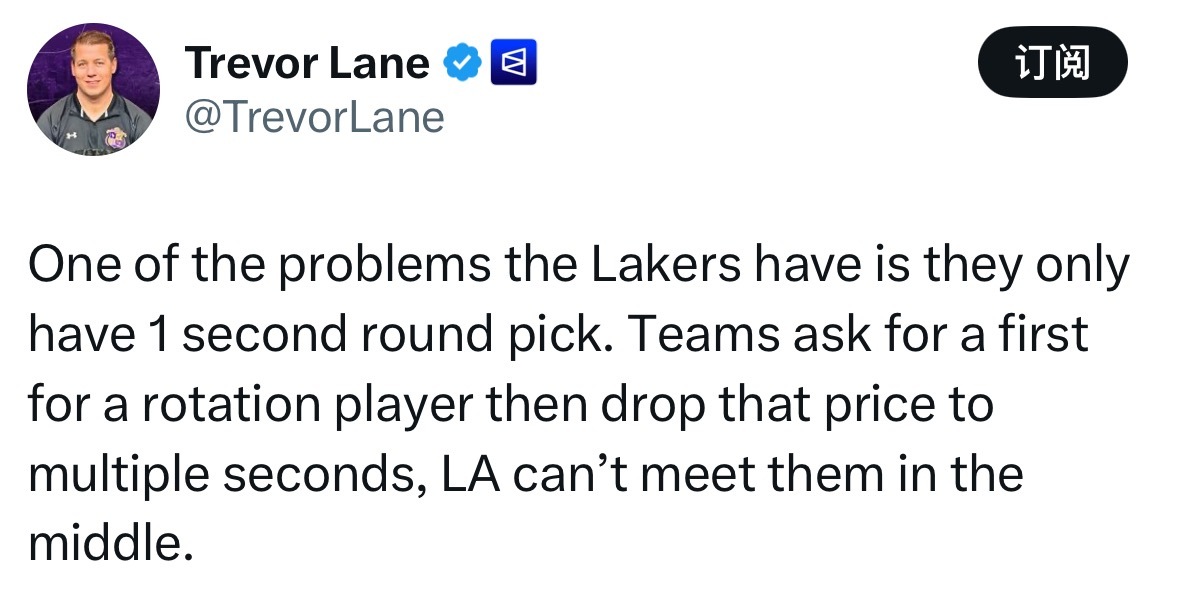 湖人记者：湖人目前的一大问题是手里仅有一个次轮签。其他球队想要得到轮换级球员，起