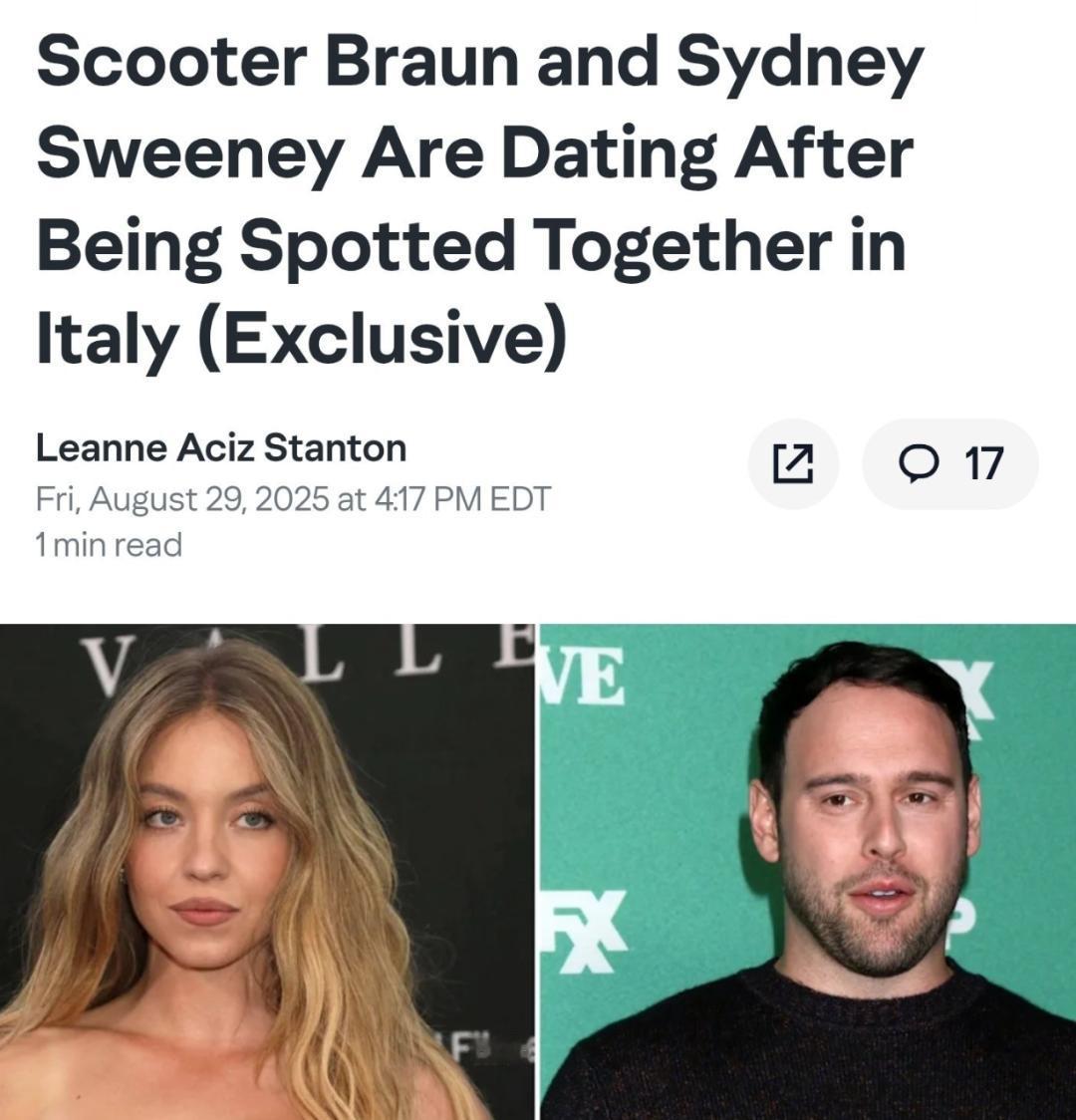 网传 Sydney Sweeney 正在和 Scooter Braun 谈恋爱。