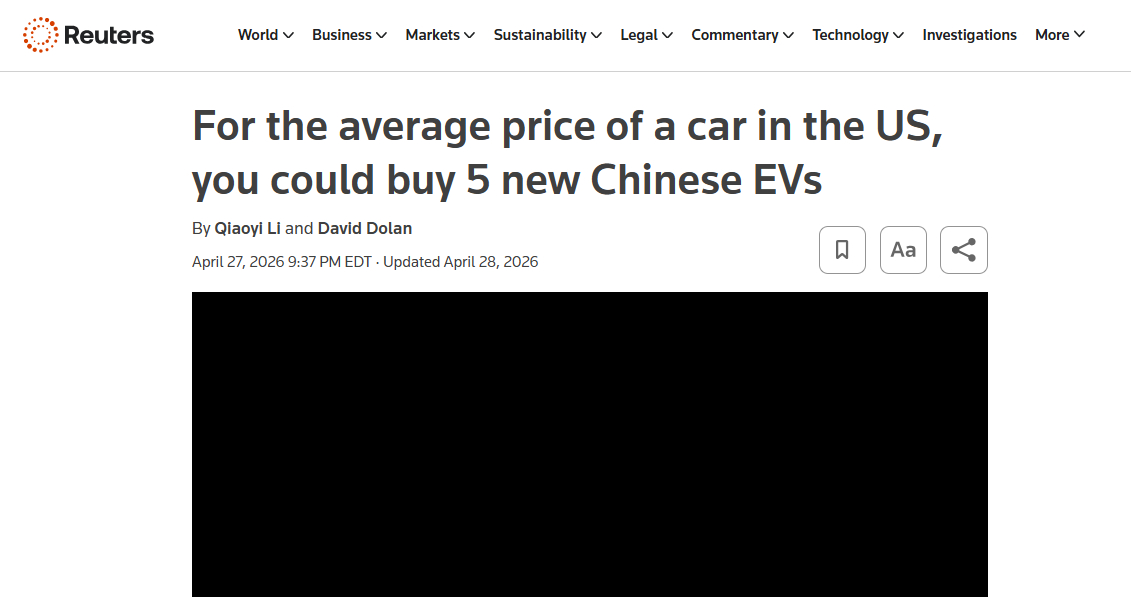 路透社确实很会取标题。“以美国一辆车的平均价格，可以买 5 辆中国电动车。”听起